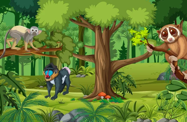 Çeşitli vahşi hayvan resimleriyle tropik yağmur ormanı sahnesi