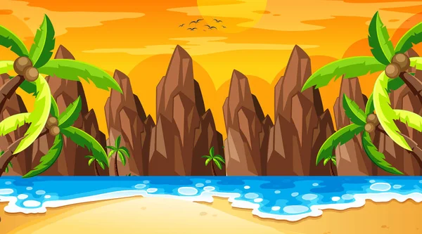 Tropical Beach Landscape Scene Sunset Time Illustration — Stock Vector