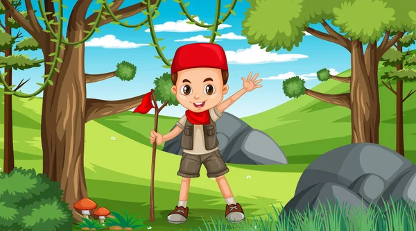 Escena Naturaleza Con Niños Musulmanes Explorando Ilustración Del Bosque — Vector de stock