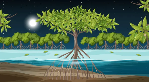 Mangrove Lesní Krajina Scéna Noci Ilustrace — Stockový vektor