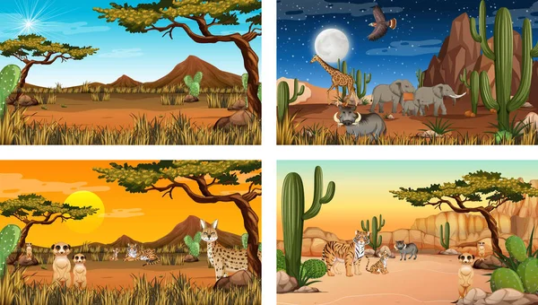 Różne Pustynne Sceny Krajobrazu Lasu Zwierzętami Roślinami Ilustracja — Wektor stockowy