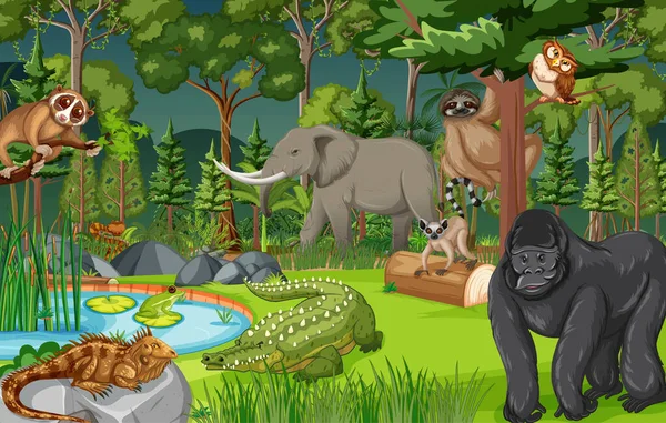 Wild Animal Cartoon Character Forest Scene Illustration — Stock Vector