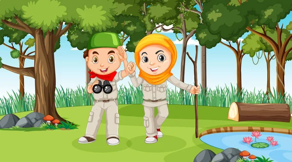 Cena Natureza Com Crianças Muçulmanas Explorando Ilustração Floresta —  Vetores de Stock