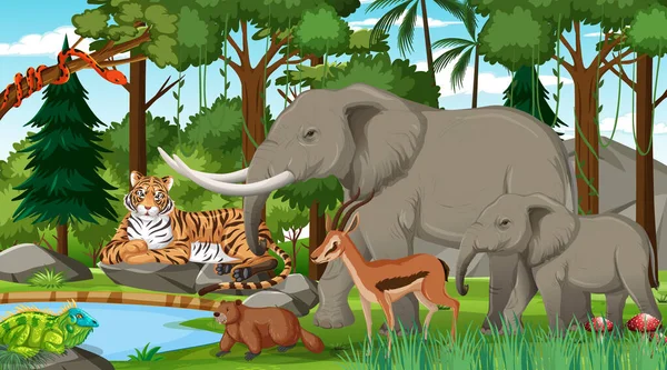 Famille Des Éléphants Avec Autres Animaux Sauvages Dans Illustration Scène — Image vectorielle