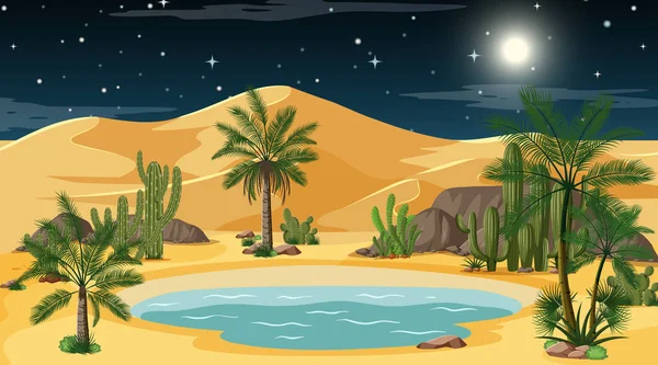 Paisaje Del Bosque Del Desierto Escena Nocturna Con Ilustración Oasis — Archivo Imágenes Vectoriales