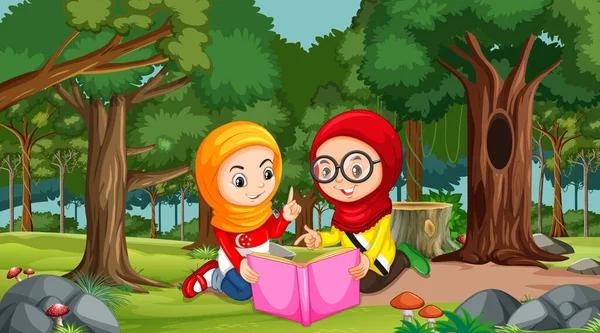 Crianças Muçulmanas Usam Roupas Tradicionais Lendo Livro Ilustração Cena Floresta — Vetor de Stock