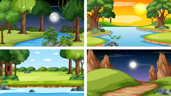 Quattro Diverse Scene Parco Naturale Illustrazione Della Foresta — Vettoriale Stock