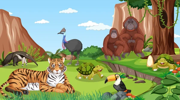 Ein Tiger Mit Otter Wilden Tieren Wald Szene Illustration — Stockvektor