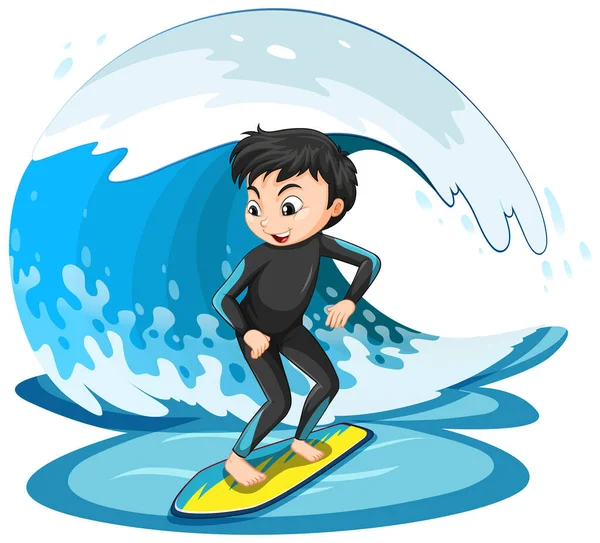 Boy Surfing Water Wave Isolated Illustration — Stock Vector