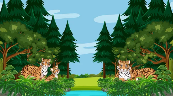 Bosque Selva Tropical Con Ilustración Familia Del Tigre — Archivo Imágenes Vectoriales