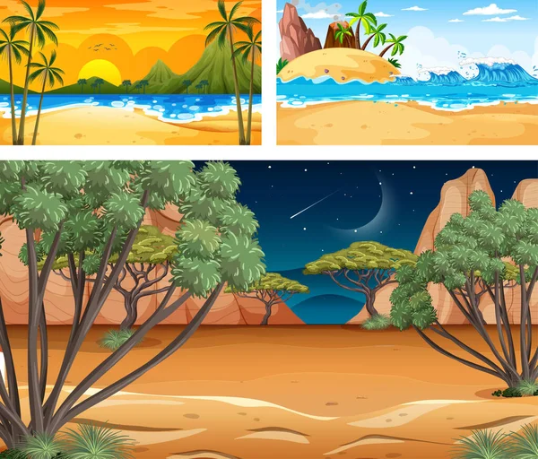 Three Different Nature Landscape Scenes Illustration — Stock Vector