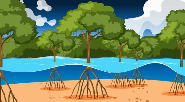 Natura Scena Mangrove Lasu Nocy Stylu Kreskówki Ilustracja — Wektor stockowy