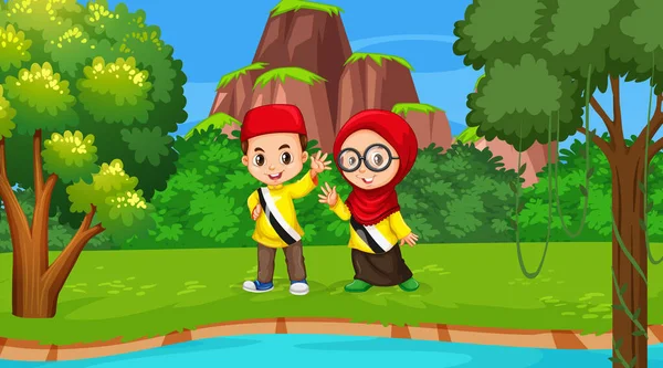 Anak Anak Brunei Mengenakan Pakaian Tradisional Dalam Lukisan Pemandangan Hutan - Stok Vektor