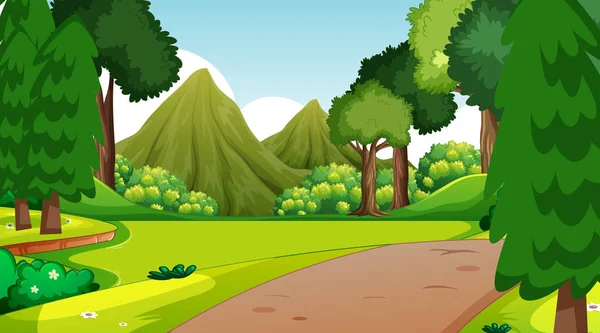 Lesní Scéna Různými Lesními Stromy Pěší Stezka Ilustrace — Stockový vektor