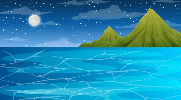 Océano Por Noche Paisaje Escena Con Fondo Montaña Ilustración — Vector de stock