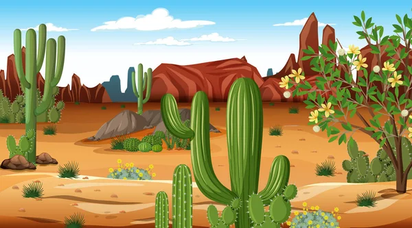 Pouštní Lesní Krajina Denní Scéně Mnoha Kaktusy Ilustrace — Stockový vektor