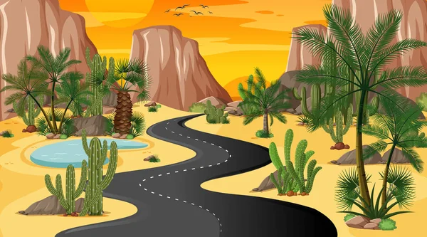 Длинная Дорога Через Пустынный Лесной Ландшафт Фоне Заката — стоковый вектор