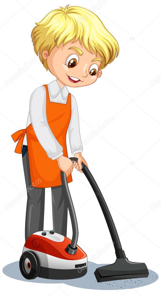 Cartoon character of a boy using vacuum cleaner illustration