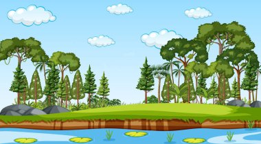 Gündüz vakti doğa ormanı manzarası. Nehir orman resimlerinden akıyor.