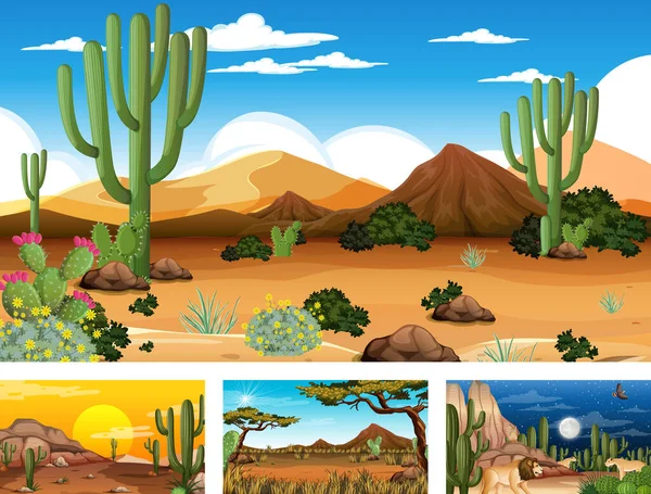 砂漠の森の風景のイラストと異なるシーン — ストックベクタ