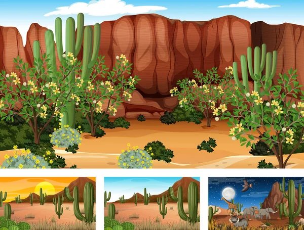 Four Different Desert Forest Landscape Scenes Animals Plants Illustration — Stock Vector