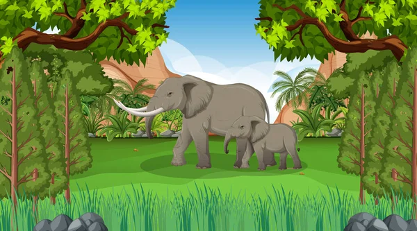 Elephant Mom Baby Forest Scene Illustration — Stock Vector