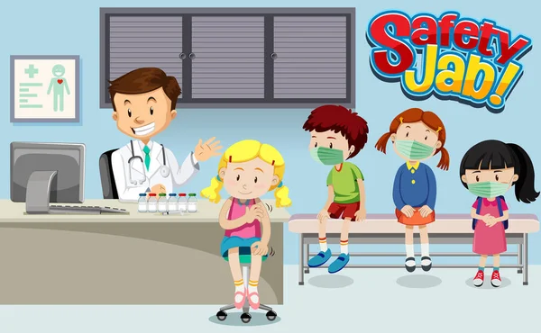 病院のシーンのイラストで医者の漫画のキャラクターとワクチンを得るためにキューで待っている多くの子供たち — ストックベクタ