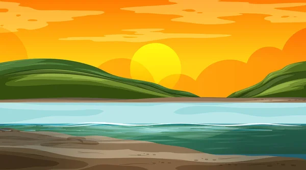 Paysage Naturel Vierge Coucher Soleil Scène Avec Illustration Fond Montagne — Image vectorielle