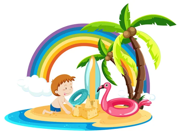 Ein Junge Auf Der Insel Mit Sommerlichen Strandutensilien Illustration — Stockvektor