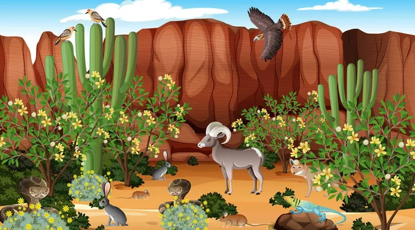 Krajobraz Lasu Pustynnego Dzień Sceny Dzikimi Zwierzętami Ilustracja — Wektor stockowy