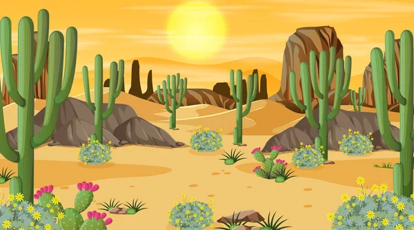 Woestijnbos Landschap Bij Zonsondergang Tijd Scène Met Veel Cactussen Illustratie — Stockvector