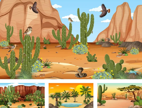 Cenas Diferentes Com Paisagem Floresta Deserta Com Animais Plantas Ilustração — Vetor de Stock