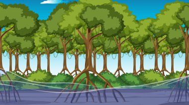 Mangrove Ormanı 'nın gündüz karikatür tarzı illüstrasyonunda doğa sahnesi.