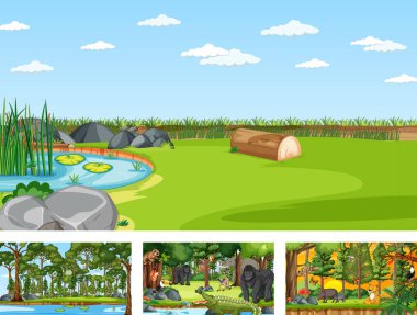 Çeşitli vahşi hayvan resimleriyle yatay sahne seti.