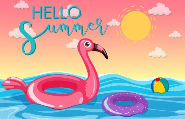 Hej Sommar Banner Med Flamingo Simning Ring Flytande Havet Illustration — Stock vektor