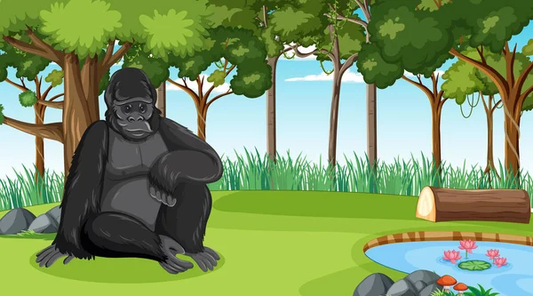Gorila Lese Nebo Deštných Pralesů Scéna Mnoha Stromy Ilustrace — Stockový vektor