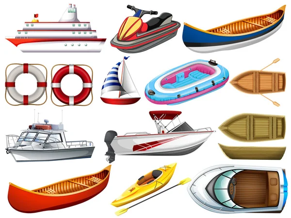 Ensemble Différents Types Bateaux Navires Isolés Sur Fond Blanc Illustration — Image vectorielle