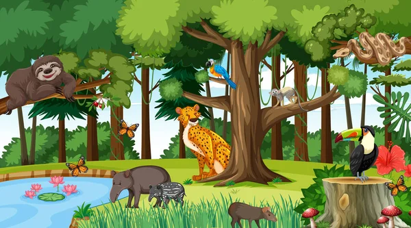 Bosque Escena Diurna Con Diferentes Animales Salvajes Ilustración — Archivo Imágenes Vectoriales