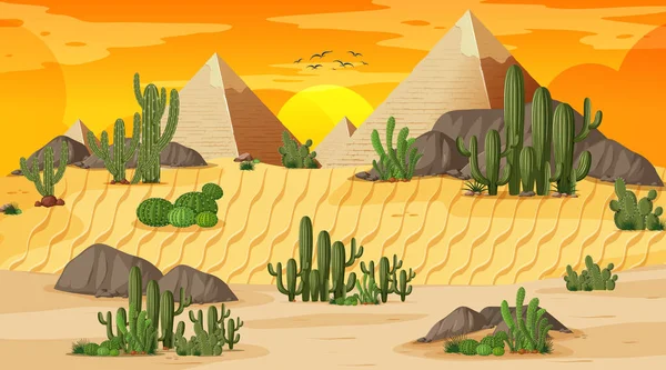 Wüstenwaldlandschaft Bei Sonnenuntergang Mit Pyramide Von Gizeh Illustration — Stockvektor