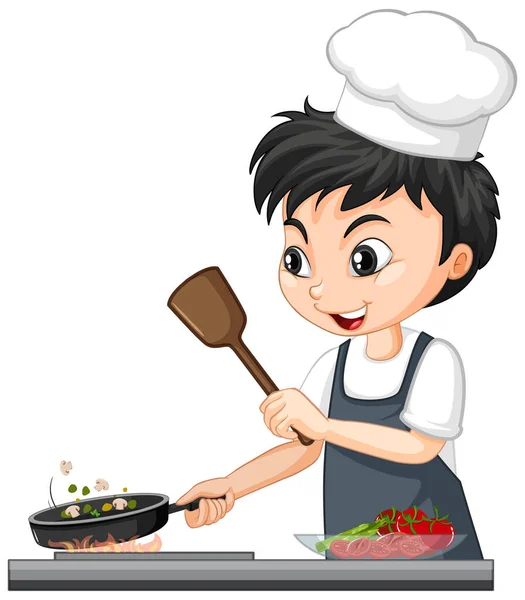 Cartoon Character Chef Boy Cooking Food Illustration — Stock Vector