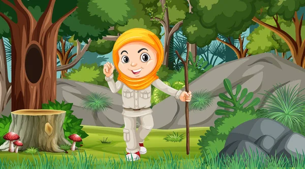 Natuur Scène Met Een Moslim Meisje Cartoon Karakter Verkennen Het — Stockvector
