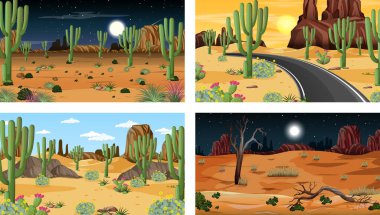 Hayvanlar ve bitkilerin resimlendiği farklı çöl ormanları.