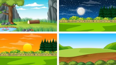 Doğa parkı ve orman illüstrasyonunun dört farklı sahnesi