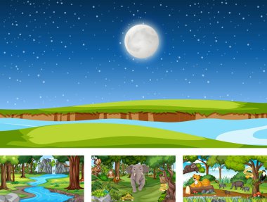 Vahşi hayvanların resmedildiği orman ve yağmur ormanlarının farklı doğa görüntüleri.