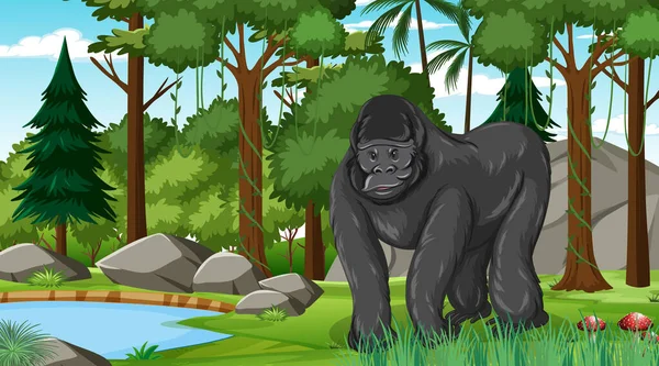 Gorilla Wald Oder Regenwald Szene Mit Vielen Bäumen Illustration — Stockvektor