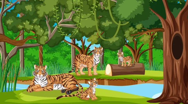 Bosque Selva Tropical Con Ilustración Familia Del Tigre — Archivo Imágenes Vectoriales