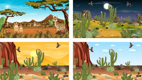 Διαφορετικές Σκηνές Έρημο Δάσος Τοπίο Ζώα Και Φυτά Εικονογράφηση — Διανυσματικό Αρχείο