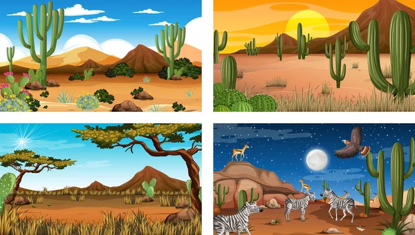Różne Pustynne Sceny Krajobrazu Lasu Zwierzętami Roślinami Ilustracja — Wektor stockowy