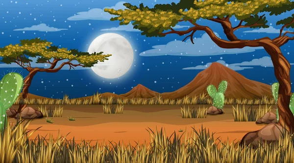 Ökenskog Eller Afrikanskt Skogslandskap Natten Scen Med Den Stora Månen — Stock vektor