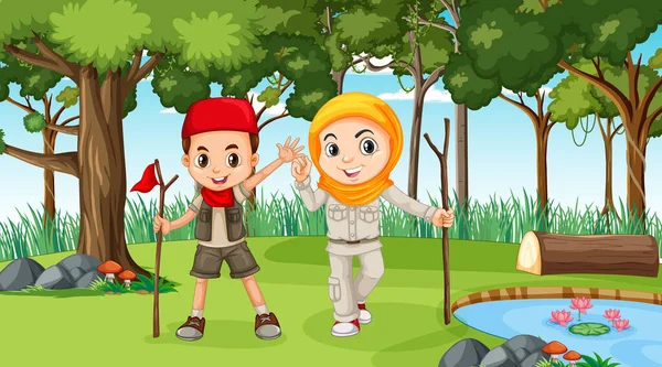 Cena Natureza Com Crianças Muçulmanas Explorando Ilustração Floresta —  Vetores de Stock